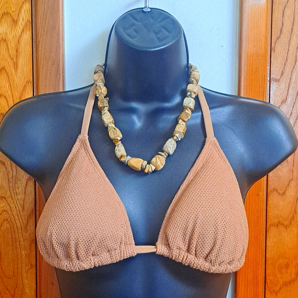 NWT Shade & Shore Crochet Metallic Bikini Top Women's Size M Tan/Gold Pool Beach